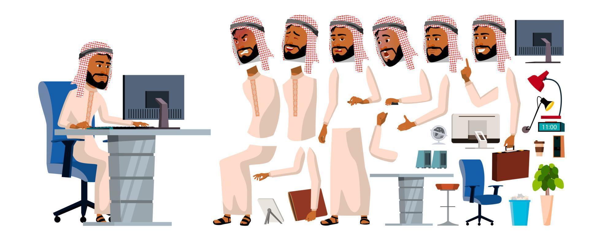 Arabisch Mens kantoor arbeider vector. animatie set. generator. gelaats emoties, gebaren. voorkant, kant, terug visie. zakenman arbeider. traditioneel kleren. islamitisch. ontdooien, thobe. arabisch, moslim. illustratie vector