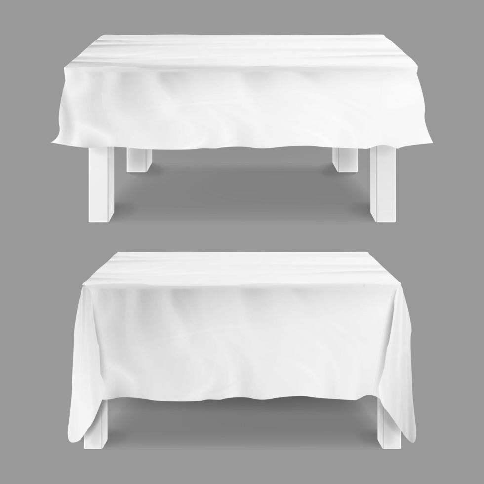tafel met tafelkleed reeks vector. leeg rechthoekig tafels met wit tafelkleed. geïsoleerd Aan grijs illustratie vector