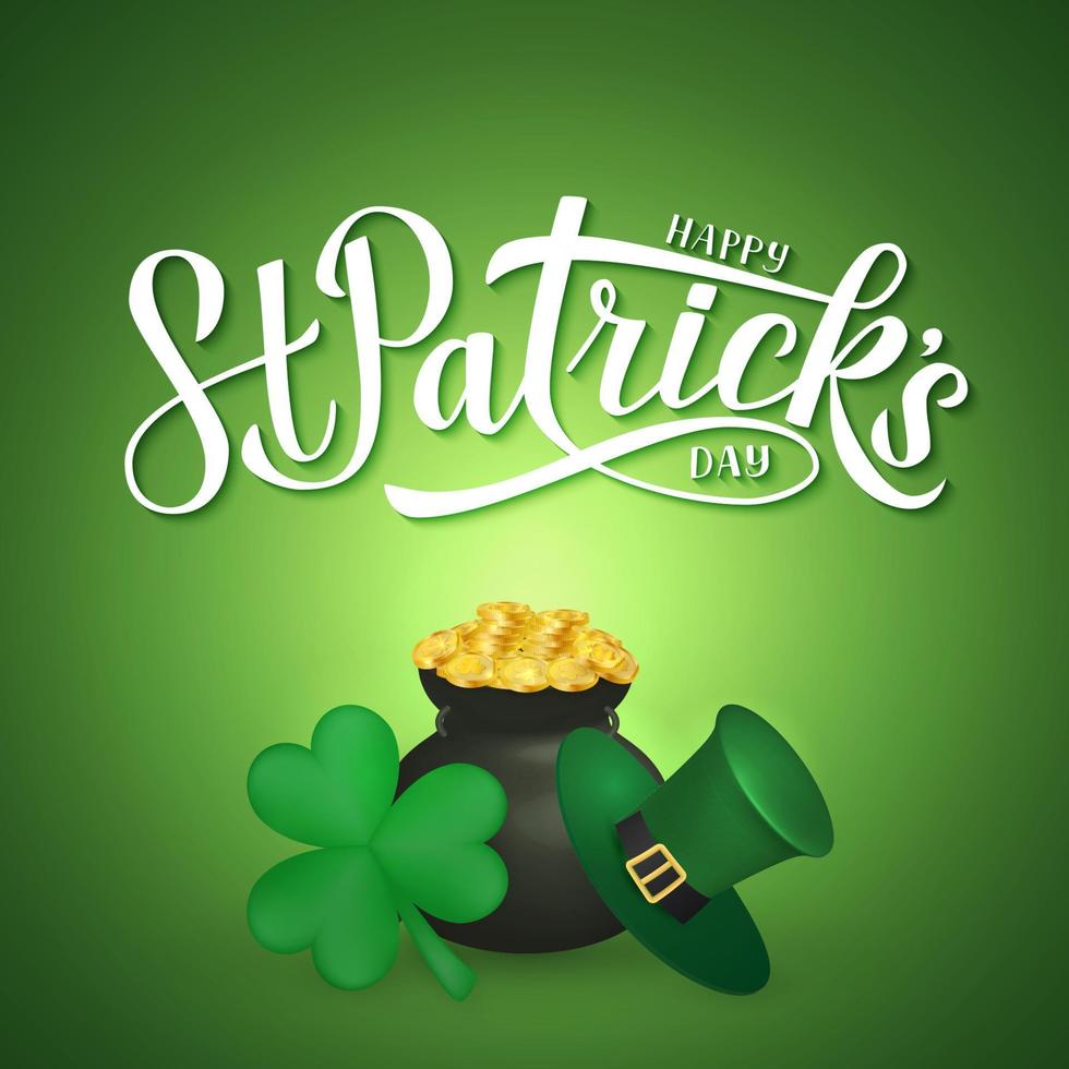 gelukkig st. patricks dag schoonschrift hand- belettering, kabouters hoed, Klaver en pot van gouden munten. heilige patricks dag groet kaart. vector sjabloon voor partij uitnodiging, banier, poster, folder.