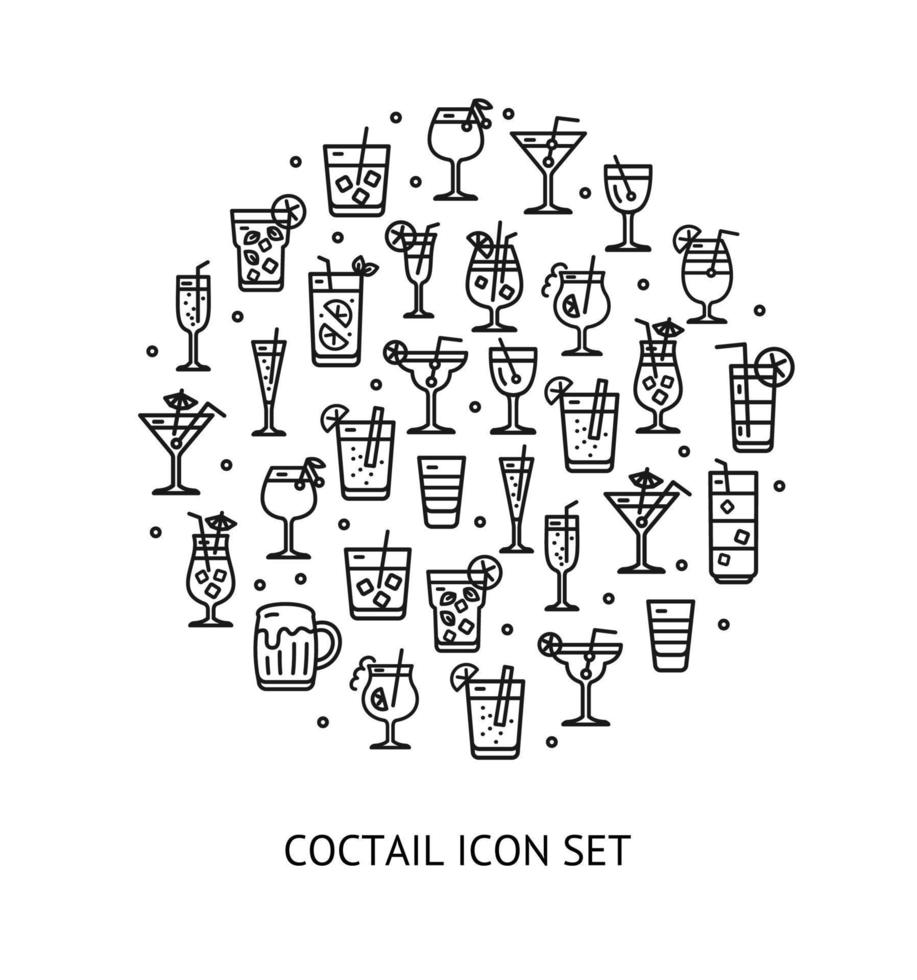 alcohol cocktail ronde ontwerp sjabloon zwart dun lijn icoon spandoek. vector