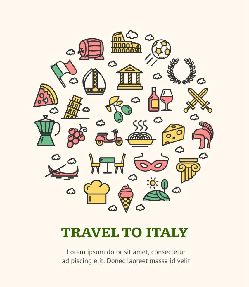 reizen naar Italië ronde ontwerp sjabloon zwart dun lijn icoon spandoek. vector