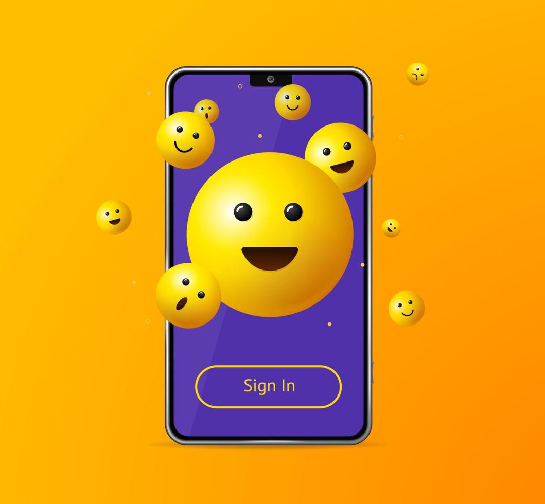 realistisch gedetailleerd 3d teken in app geel emoji glimlach mobiel telefoon. vector