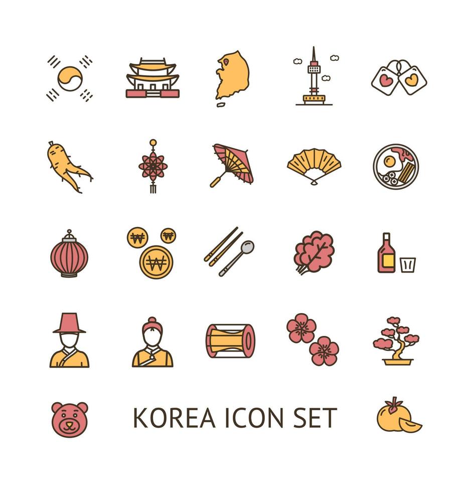 Korea teken kleur dun lijn icoon set. vector