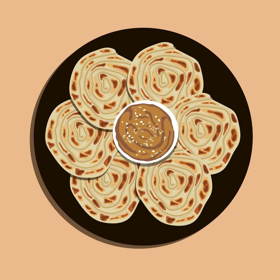 roti parata of roti canai met lam kerrie saus - populair Maleisisch ontbijt. voedsel illustratie, voedsel tekenfilm. vector