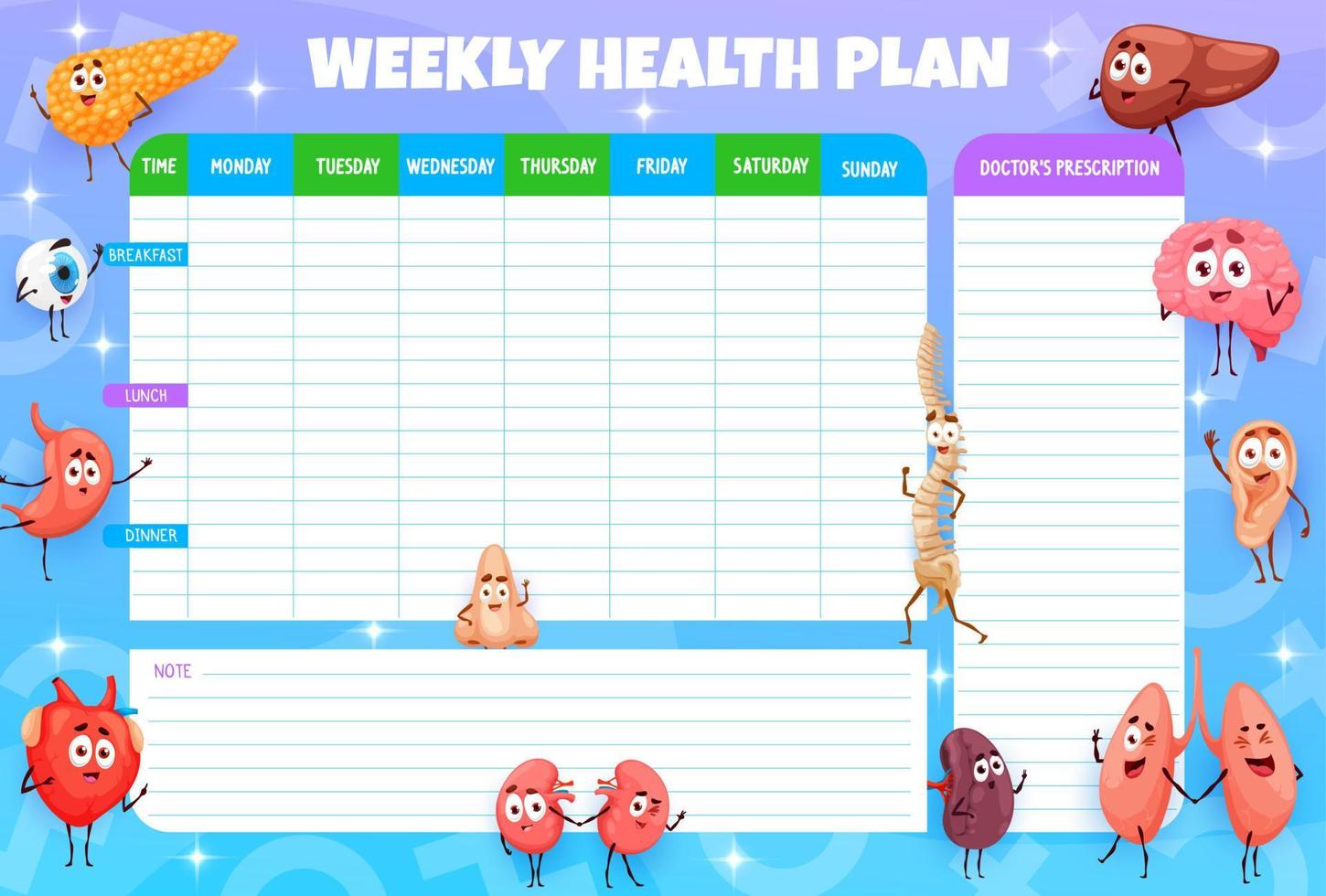 wekelijks geneesmiddel schema, tekenfilm menselijk organen vector