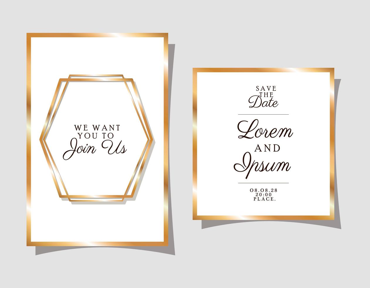 twee huwelijksuitnodigingen met gouden ornamentlijsten vector
