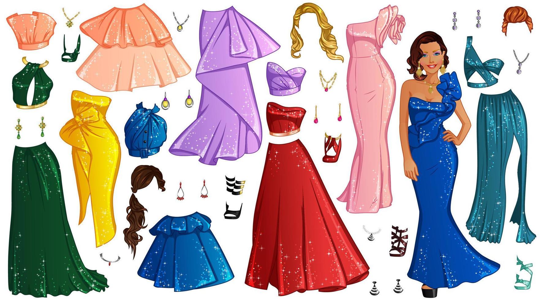 film ster papier pop met mooi dame, outfits, kapsels en accessoires. vector illustratie