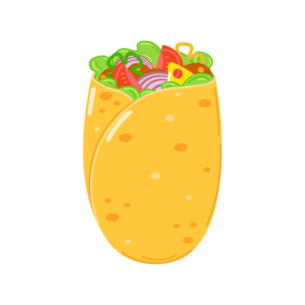 schattig grappig burrito karakter. vector hand- getrokken tekenfilm kawaii karakter illustratie icoon. geïsoleerd Aan wit achtergrond. burrito karakter concept