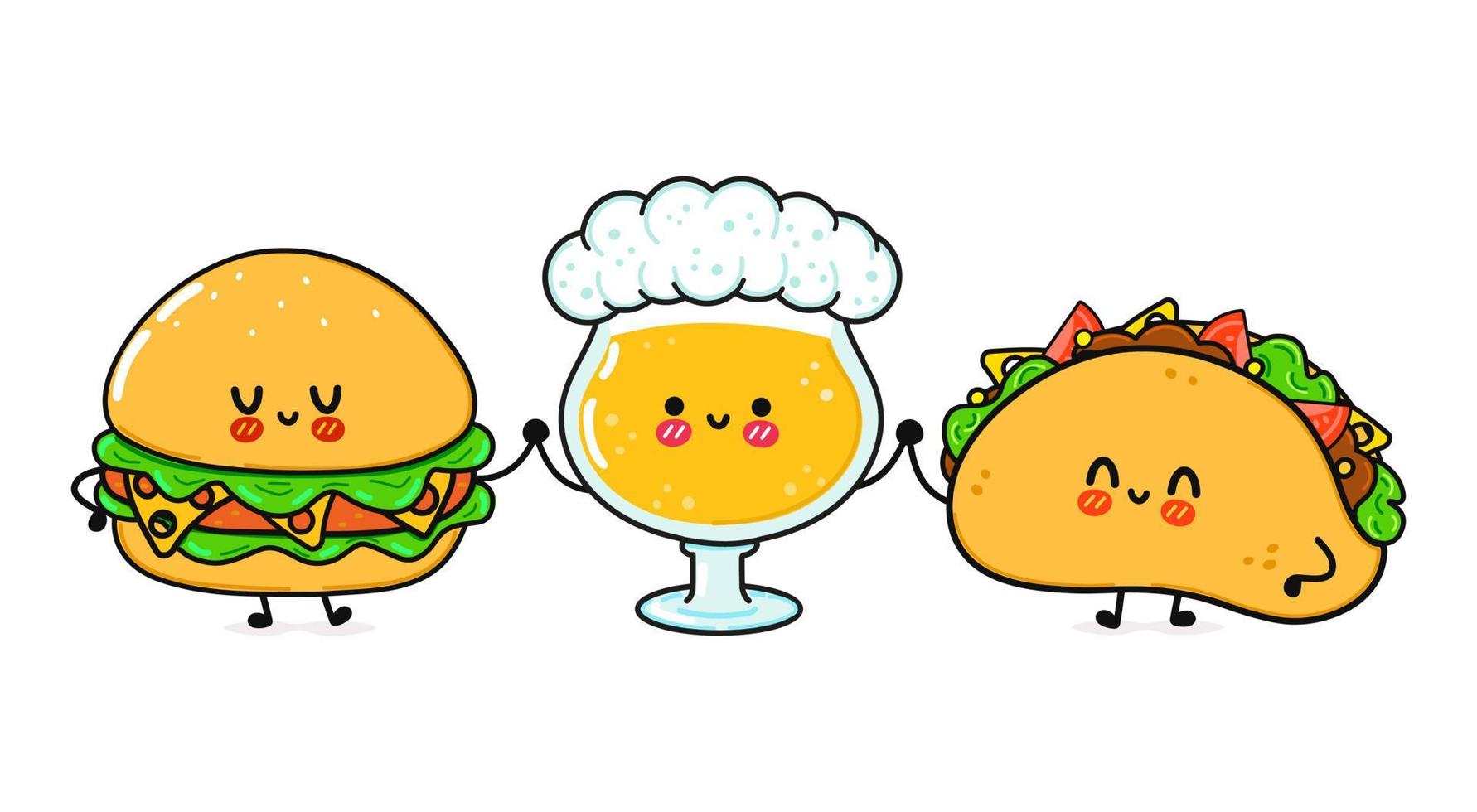 schattig, grappig vrolijk glas bier taco hamburger. vector hand getekend kawaii stripfiguren, illustratie pictogram. grappige cartoon glas bier taco hamburger mascotte vrienden concept