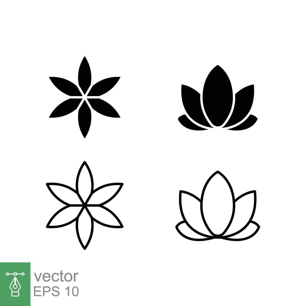 lotus fabriek icoon set. gemakkelijk solide en schets stijl. harmonie symbool, kom tot rust spa bloem, bloemblaadje, blad, bloeien, natuur concept. glyph en lijn vector illustratie geïsoleerd Aan wit achtergrond. eps 10.