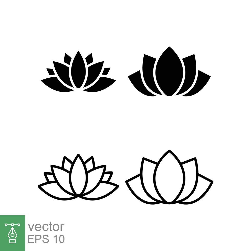 lotus fabriek icoon set. gemakkelijk solide en schets stijl. harmonie symbool, kom tot rust spa bloem, bloemblaadje, blad, bloeien, natuur concept. glyph en lijn vector illustratie geïsoleerd Aan wit achtergrond. eps 10.