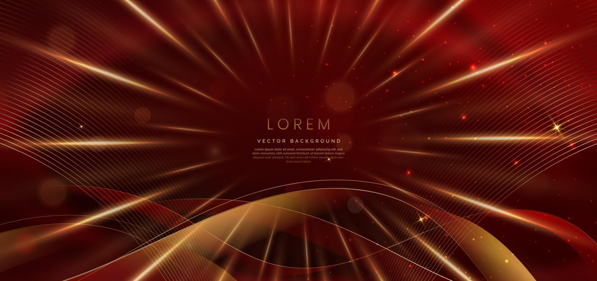 abstract goud lint verlichting gebogen Aan rood achtergrond met verlichting effect en fonkeling bokeh. luxe ontwerp stijl. vector