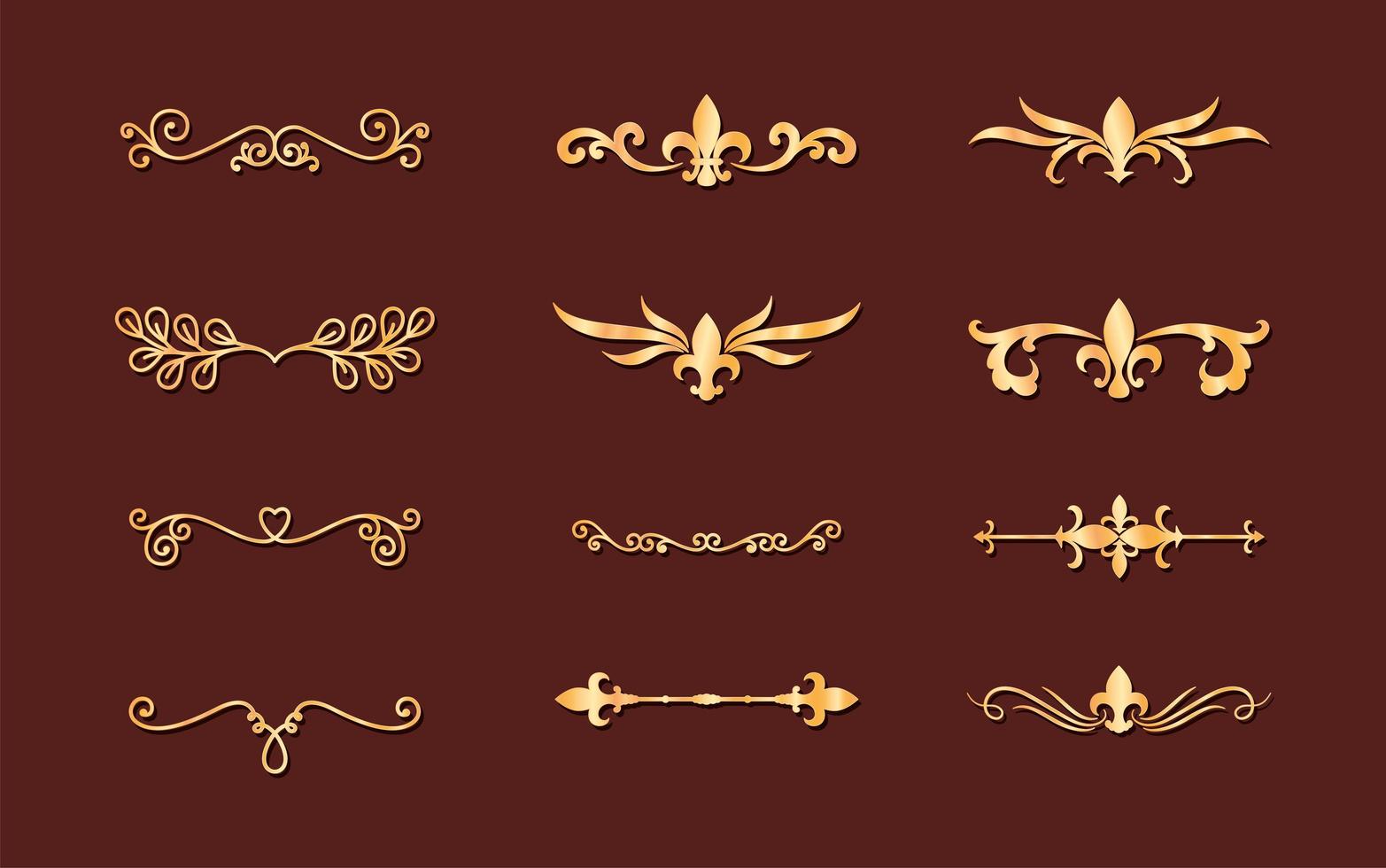 scheidingslijnen ornamenten gouden stijl decorontwerp iconen vector