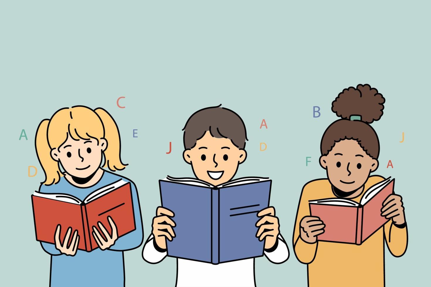 glimlachen weinig kinderen lezing boeken samen. gelukkig kinderen hebben pret genieten literatuur Bij school. onderwijs en aan het leren. vector illustratie.