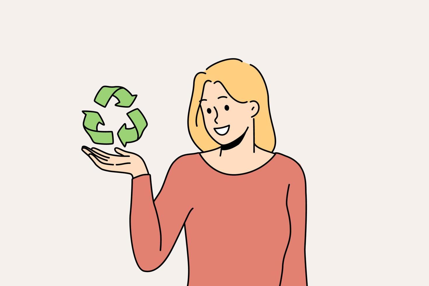 glimlachen jong vrouw Holding recycle teken in handen zorg over planeet behoud en bescherming. gelukkig vrouw activist of vrijwilliger met recycling symbool. vector illustratie.