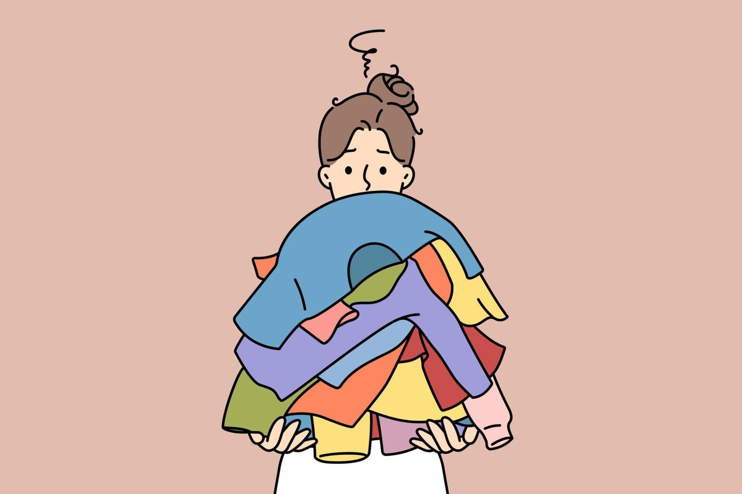 verward jong vrouw Holding stack van vuil kleren. verward ongelukkig meisje met stapel van kleding. wasserij dag. vector illustratie.