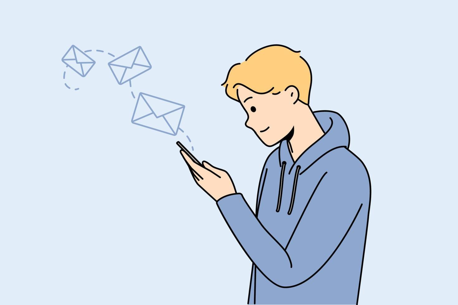 gelukkig jong Mens gebruik modern mobiele telefoon sms'en online. glimlachen vent kijken Bij smartphone scherm Bezig met verzenden e-mail of bericht Aan internetten. vector illustratie.