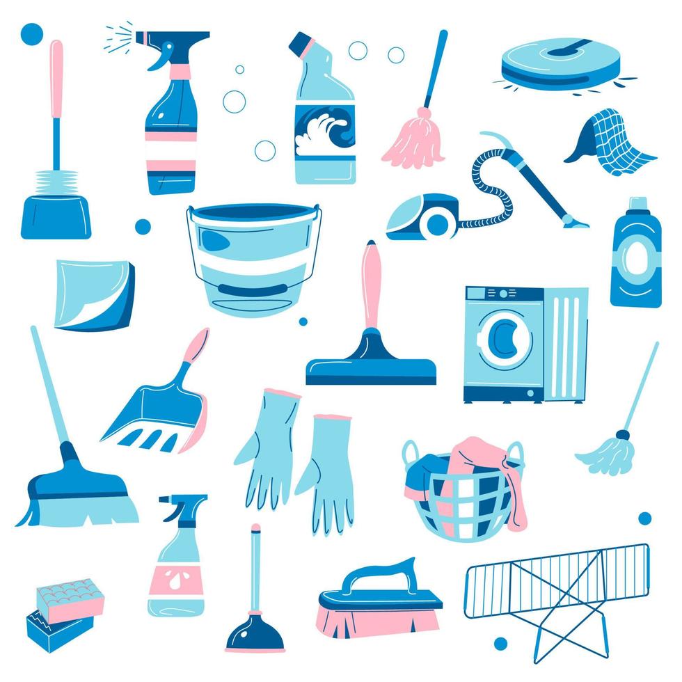 schoonmaak wasmiddelen en huishoudelijke apparaten voor huis reeks vector