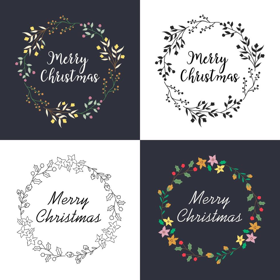 kerstkrans met florale decoratie en belettering set vector