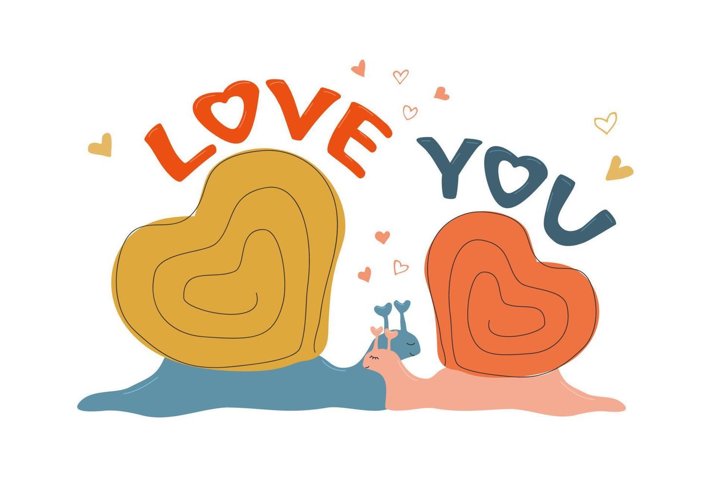 een paar van slakken in liefde met belettering liefde jij. vector illustraties