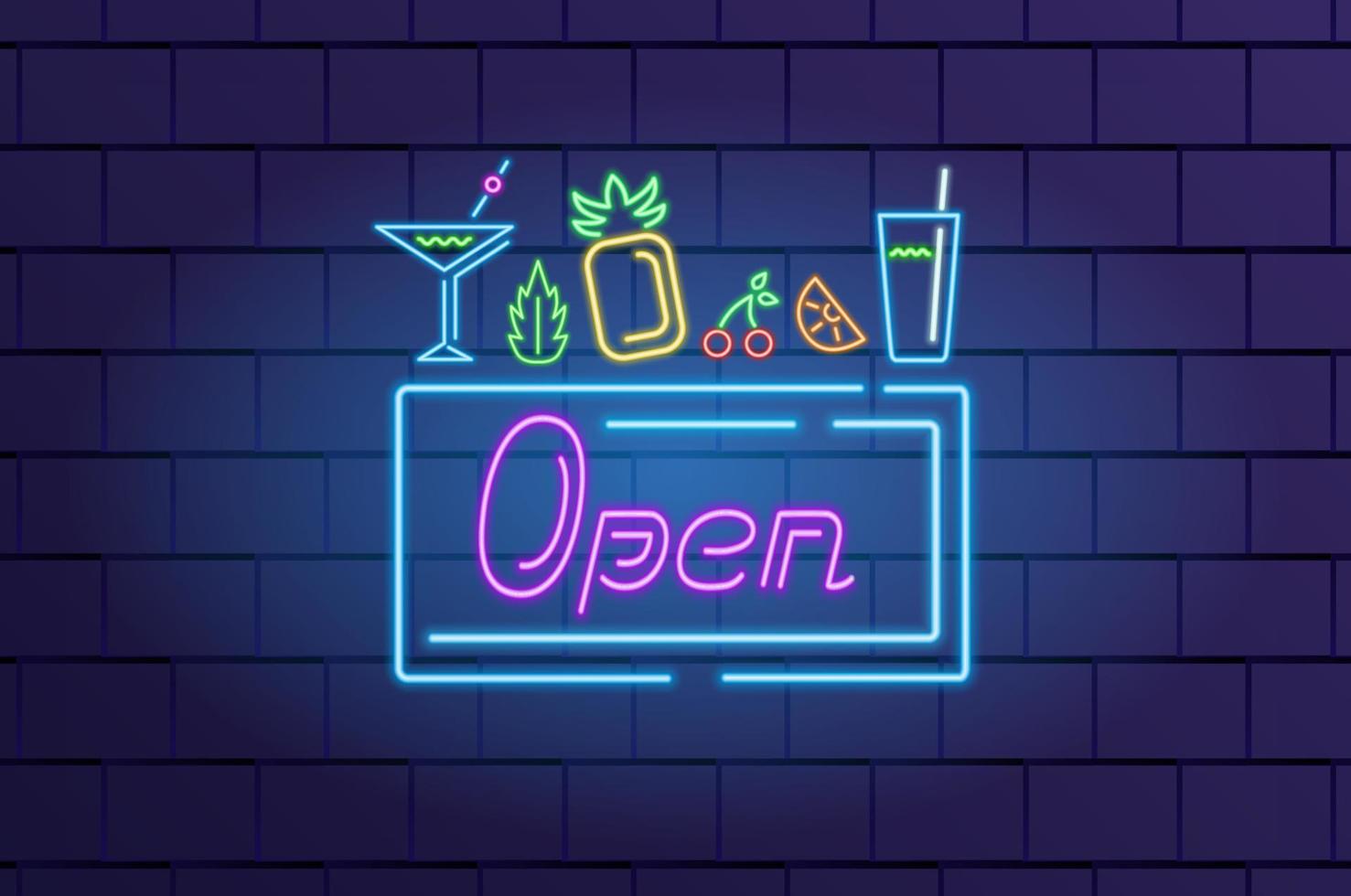 Open bar neon teken met neon drinken glas, ananas en fruit Aan een steen muur, neon kunst, gloeiend elektrisch licht symbool, vector elementen.