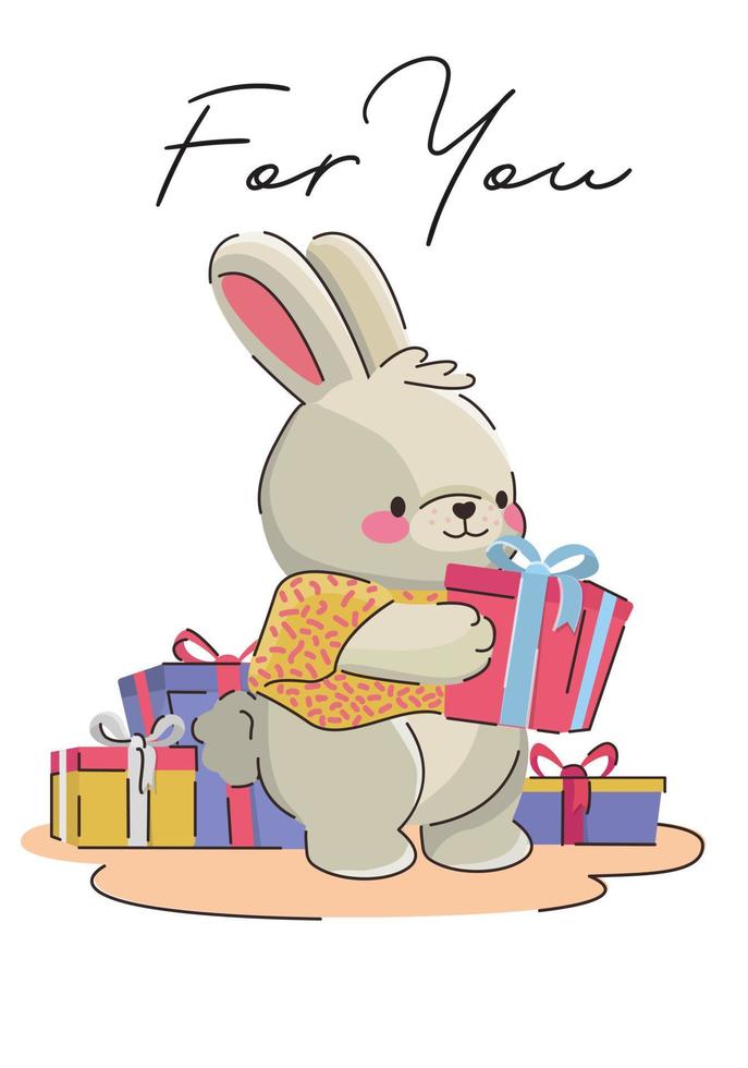 schattig tekenfilm konijn geeft een geschenk Aan een kaart voor een Valentijnsdag dag groet of alleen maar een verjaardag. verticaal sjabloon voor het drukken vector