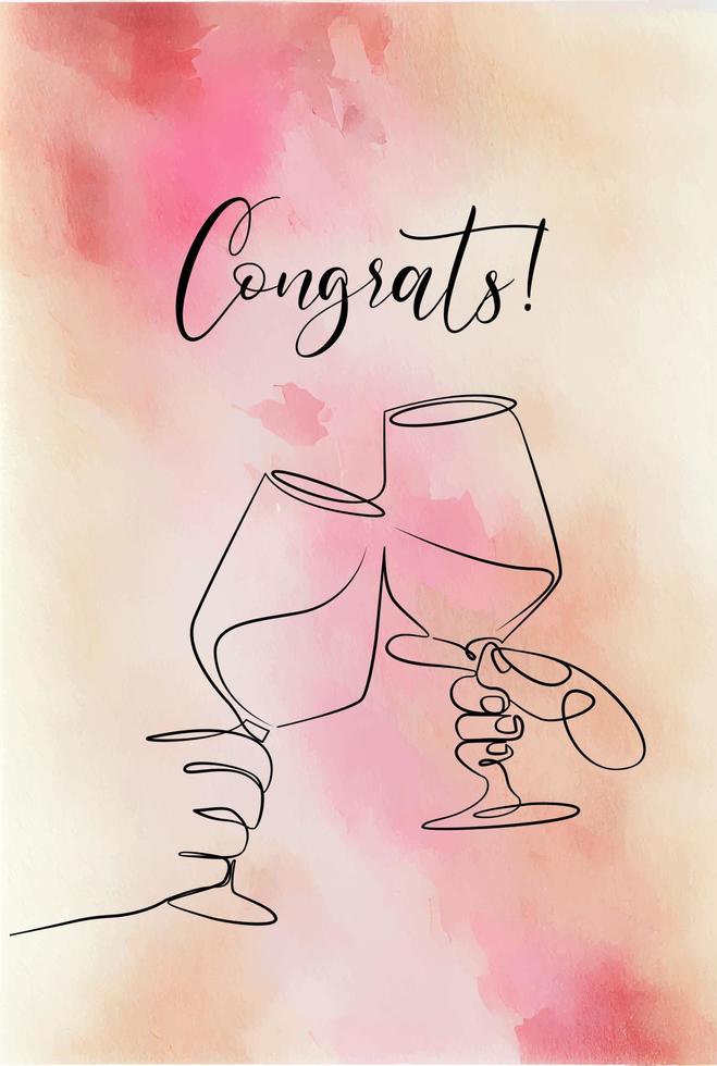 glas wijn in handen continu lijntekeningen aquarel verf paars blauw 14 februari Valentijnsdag vieren kaart ontwerp logo pub feest restaurant vector