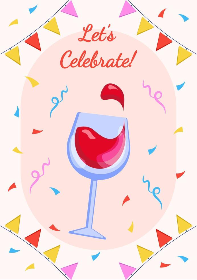 partij poster met glas van rood wijn en confetti, vector banier, uitnodiging en groet kaart, viering spandoek.