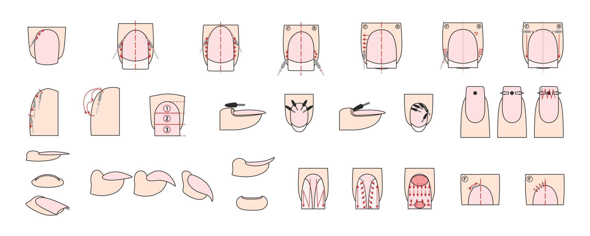 zaagsel materiaal. professioneel manicure gids. manicure instructies verzameling. correct gebruik van de snijder. nagels Pools. vector