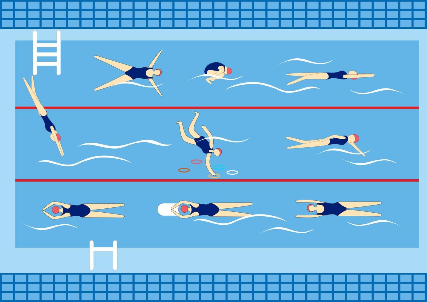 zwemmers in zwemmen zwembad. sport professioneel zwemmen zwembad met rijstroken. mensen zwemmen in openbaar zwemmen zwembad vector illustratie set.
