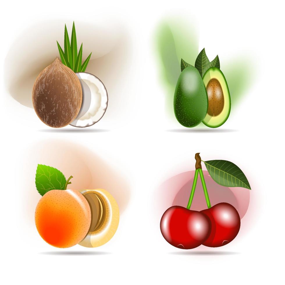 reeks van heerlijk fruit, kokosnoot, avocado, abrikoos en zoet kers. vector