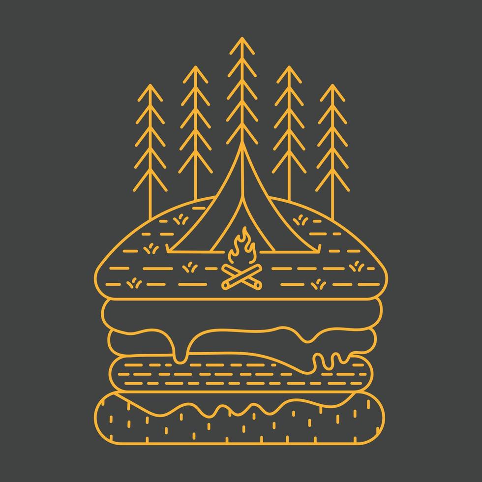 camping in de oerwoud met een kampvuur en hamburger monoline illustratie voor kleding vector