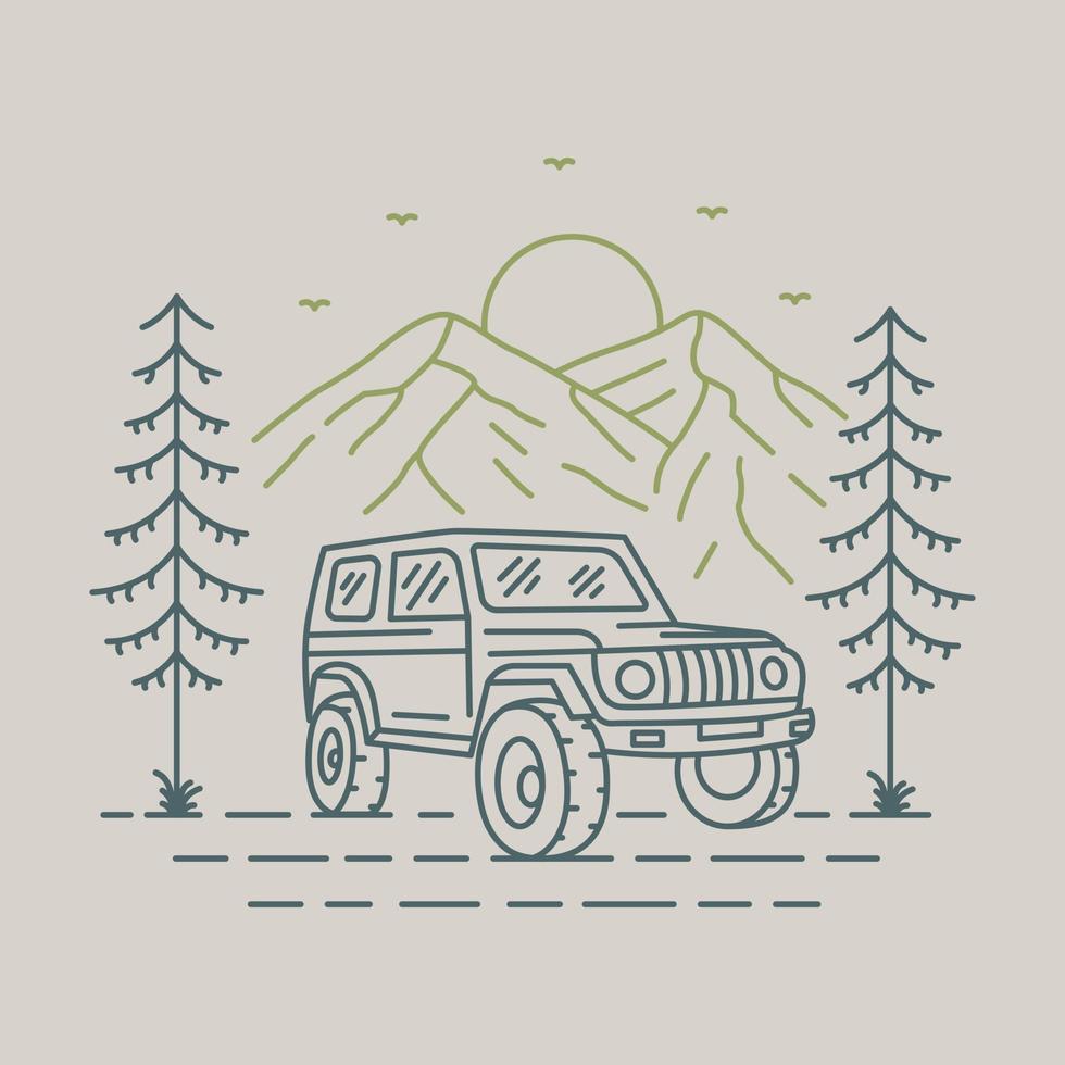 4x4 van de weg af avontuur in de Woud met berg achtergrond monoline illustratie voor kleding vector