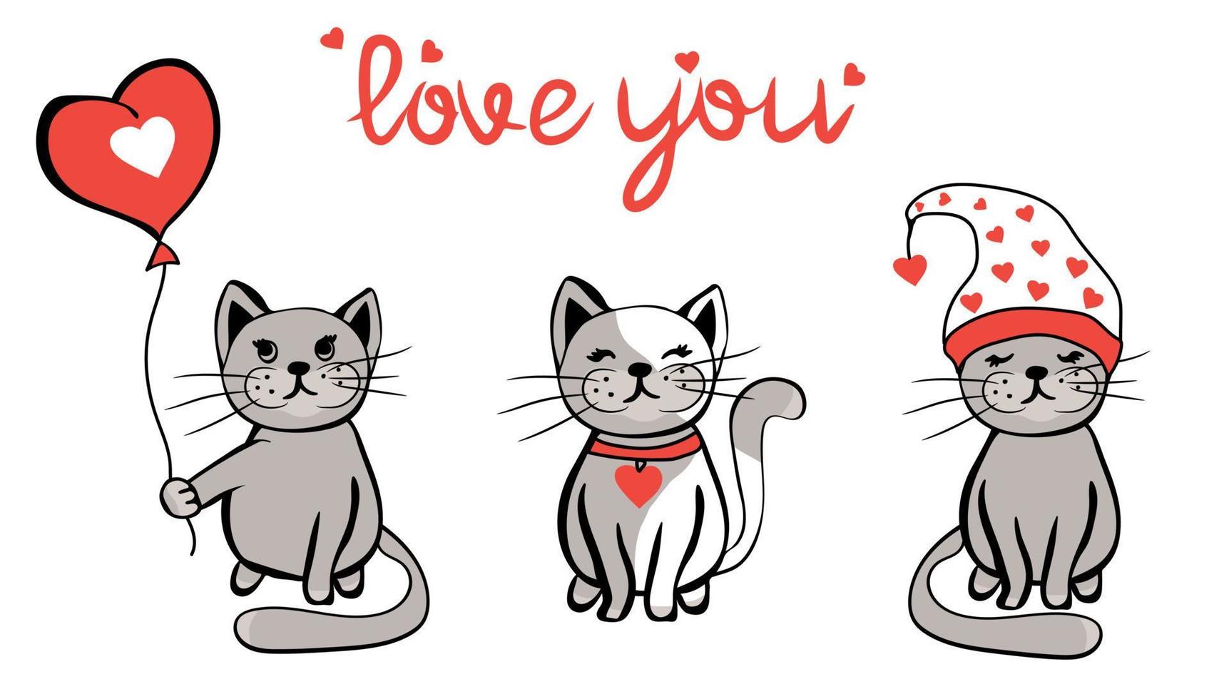 schattig tekenfilm grappig katten met liefde en harten voor Valentijn dag vector