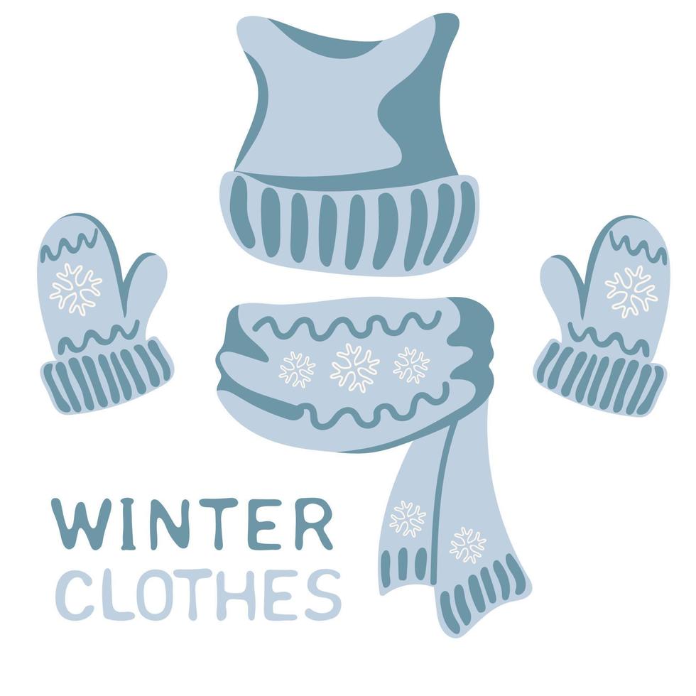 blauw sjaal, hoed en wanten, traditioneel winter set. warm kleren vector