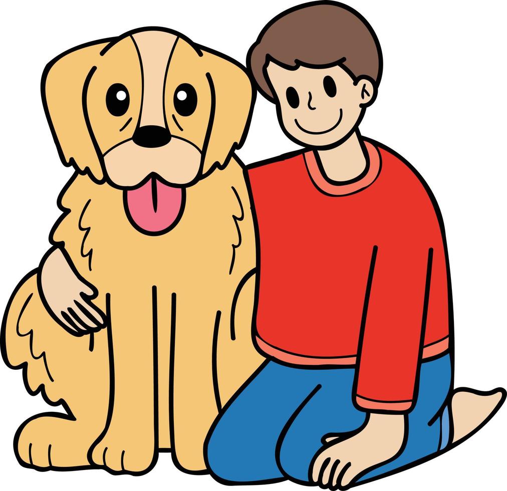 hand- getrokken eigenaar knuffels gouden retriever hond illustratie in tekening stijl vector