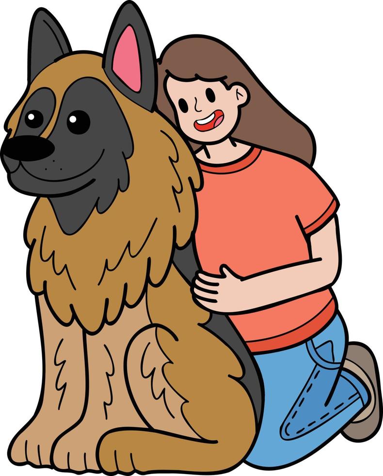 hand- getrokken Duitse herder hond omhelsd door eigenaar illustratie in tekening stijl vector