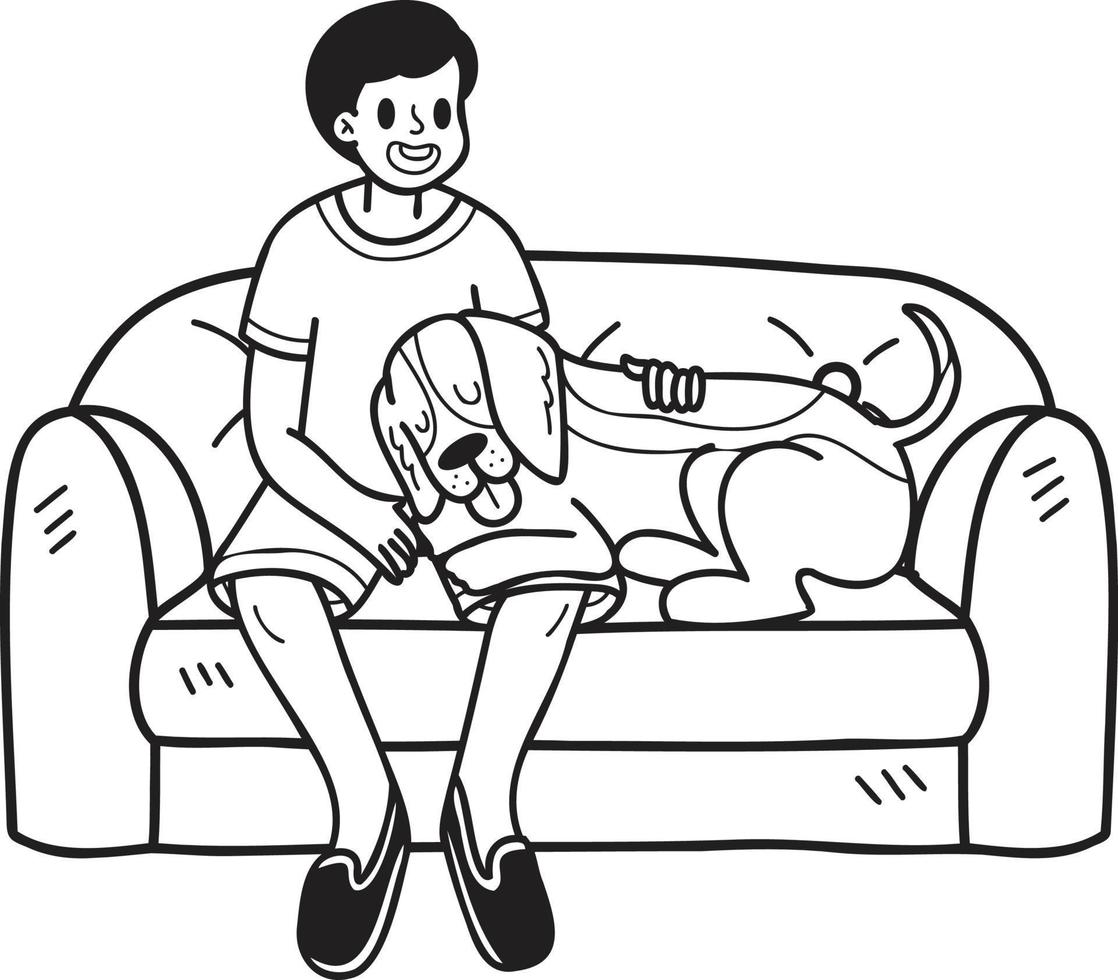 hand- getrokken brak hond met eigenaar en sofa illustratie in tekening stijl vector