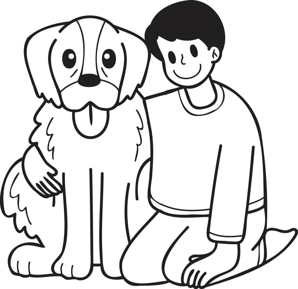 hand- getrokken eigenaar knuffels gouden retriever hond illustratie in tekening stijl vector