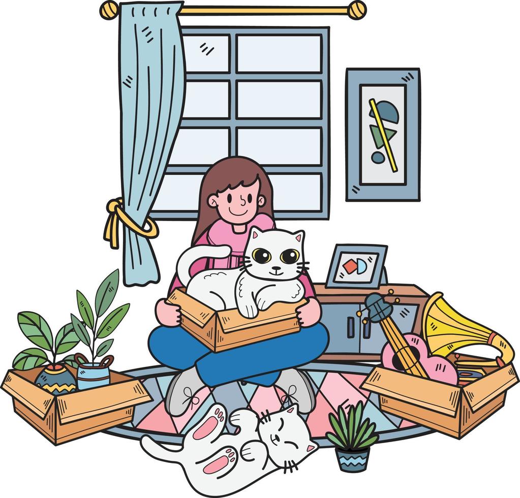 hand- getrokken eigenaar met kat en geschenk in de kamer illustratie in tekening stijl vector