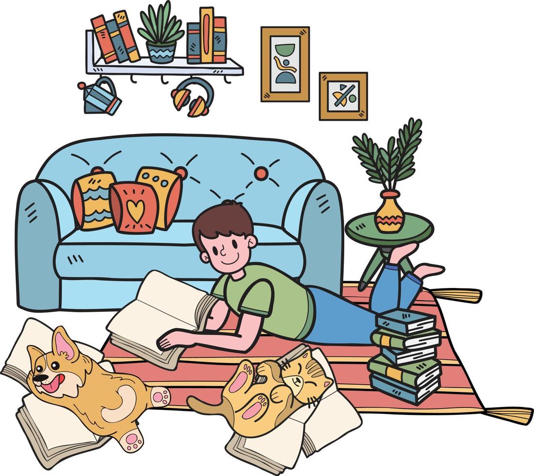 hand- getrokken eigenaar is aan het liegen in de kamer lezing een boek met de hond en kat illustratie in tekening stijl vector