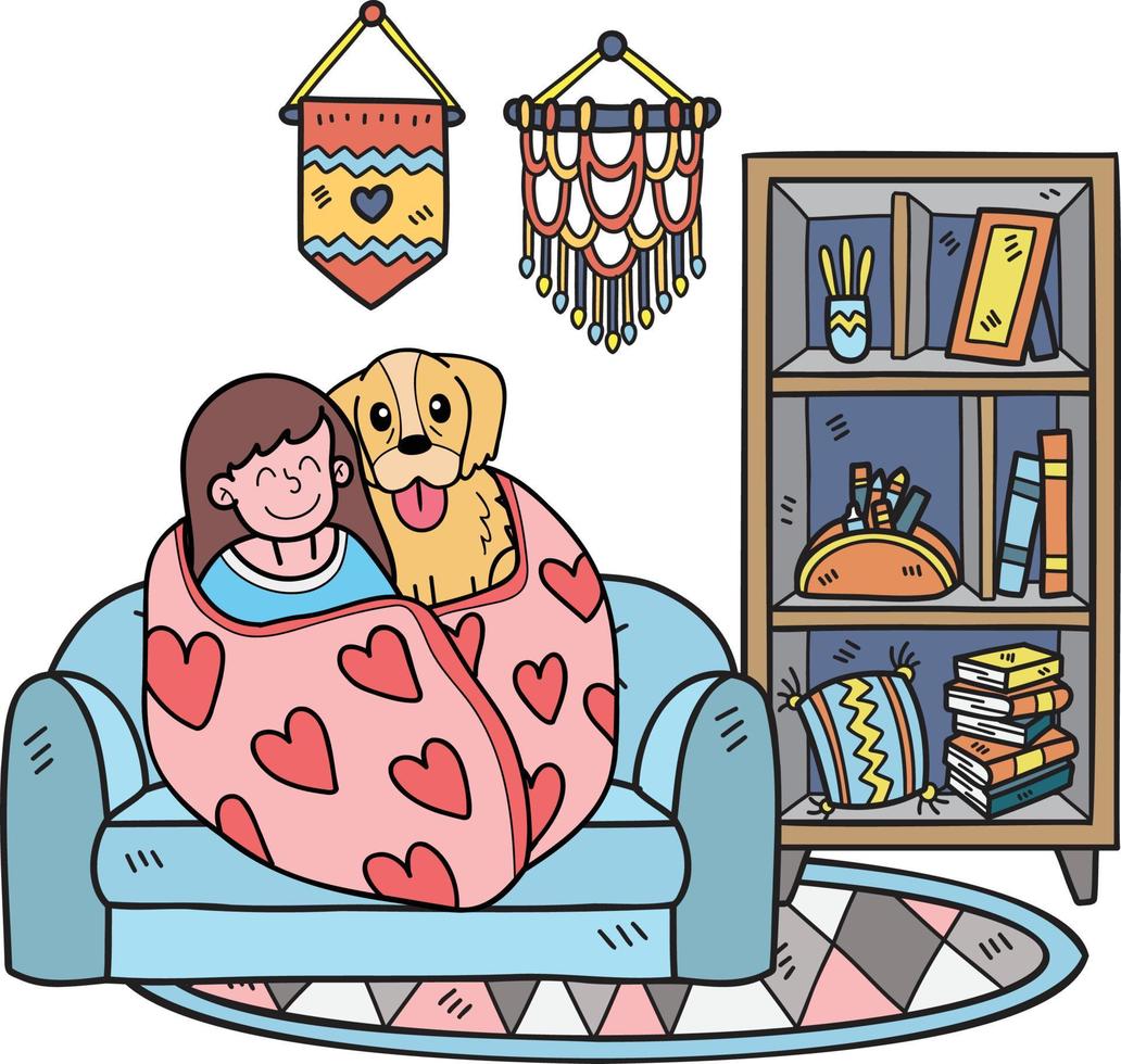 hand- getrokken de eigenaar omhelsd de hond in de kamer illustratie in tekening stijl vector