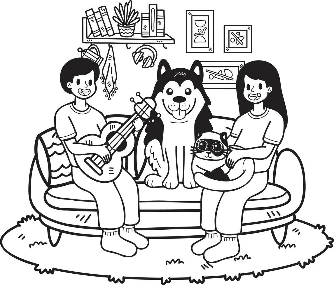 hand- getrokken de eigenaar Toneelstukken gitaar met de hond en kat in de leven kamer illustratie in tekening stijl vector