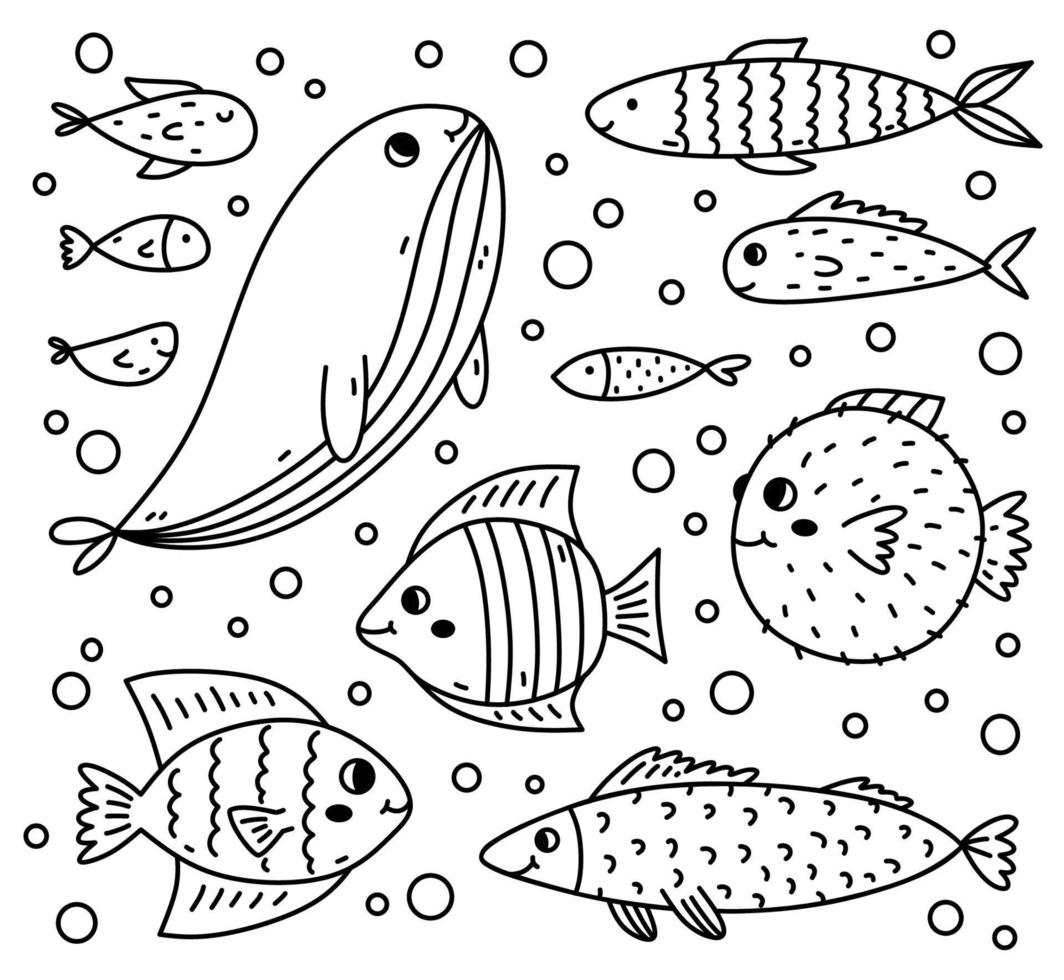 reeks van verschillend schattig vis geïsoleerd Aan wit achtergrond. vector hand getekend illustratie in tekening stijl. perfect voor decoraties, logo, divers ontwerpen.