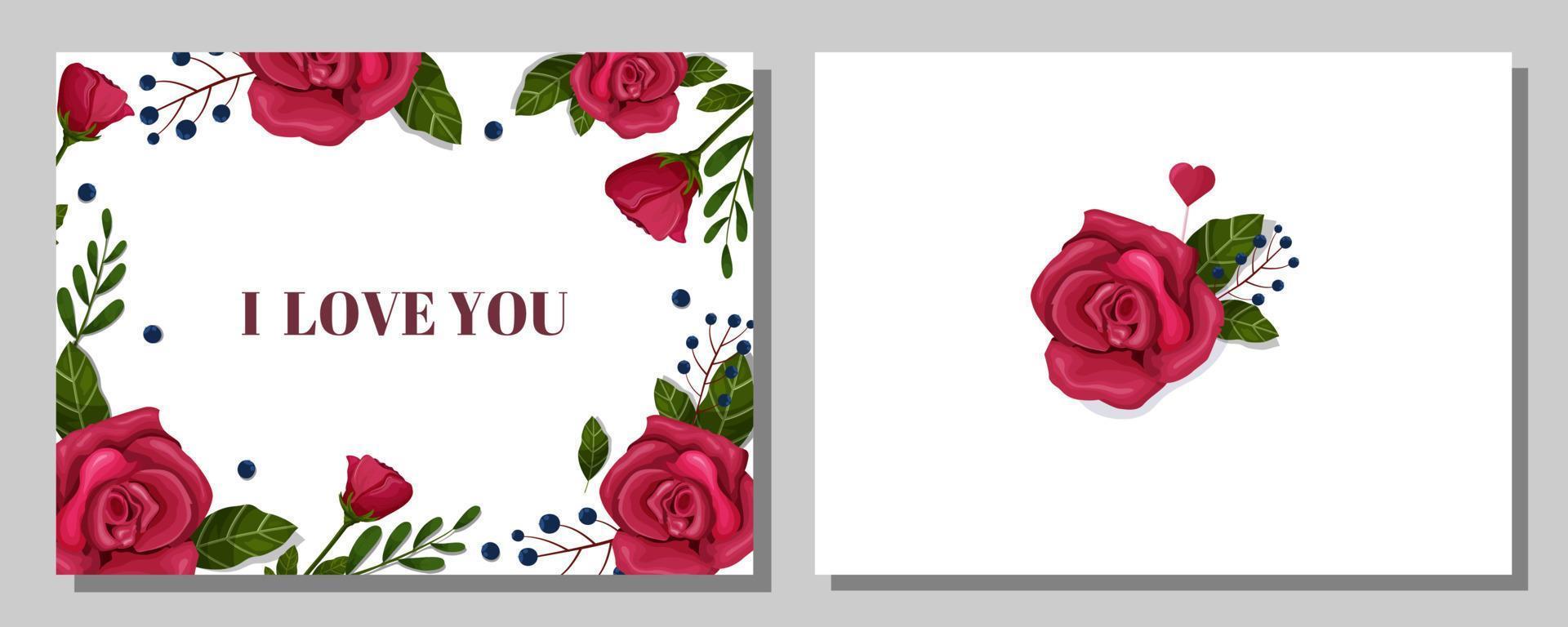 Valentijnsdag dag. ansichtkaart, banier, afdrukbare sjabloon. rozen, bladeren, bloemen, Gefeliciteerd, bloemen. vector. vector