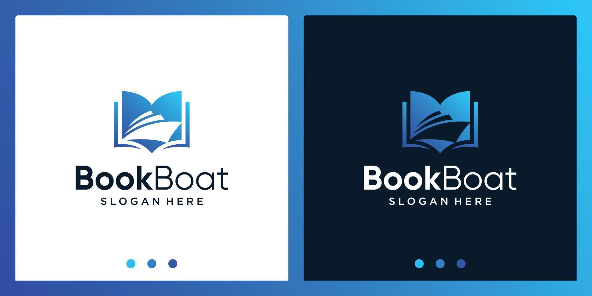 Open boek logo ontwerp inspiratie met boot ontwerp logo. premie vector