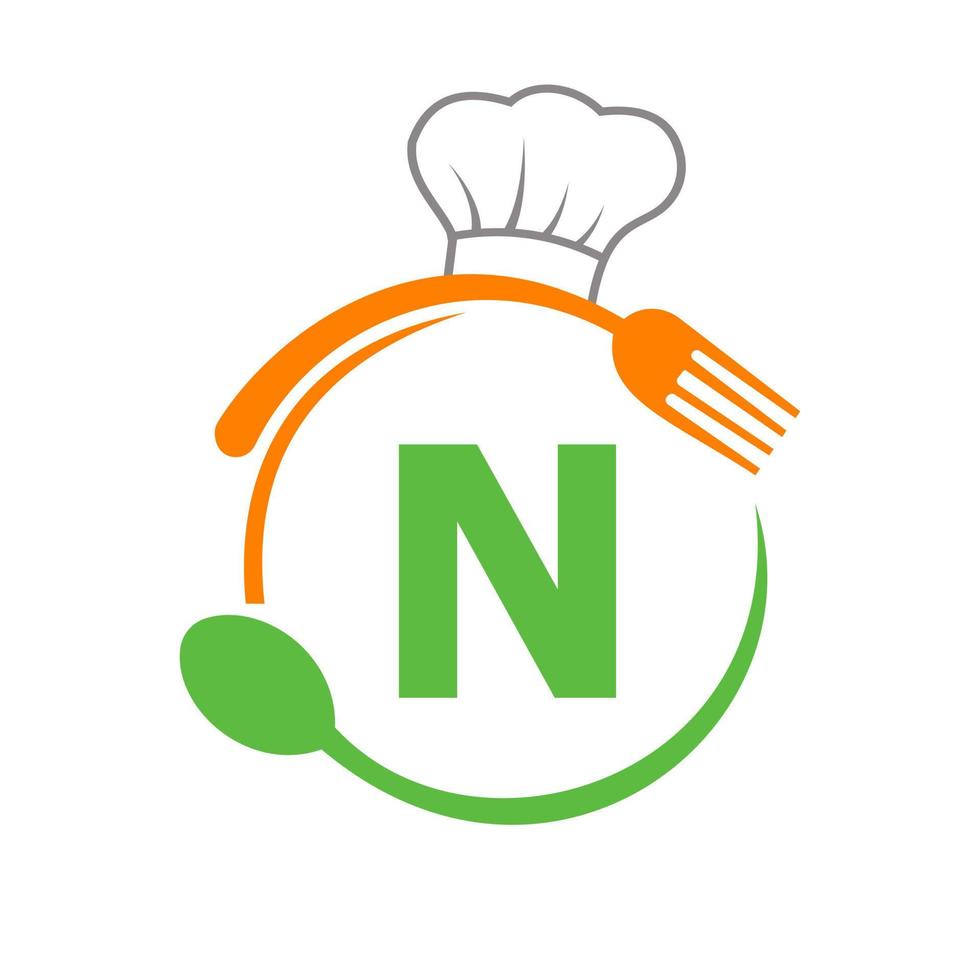 brief n logo met chef hoed, lepel en vork voor restaurant logo. restaurant logotype vector