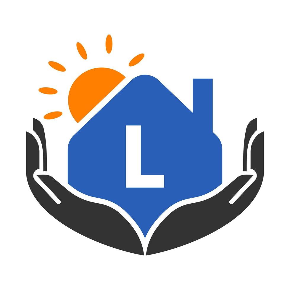 brief l echt landgoed logo concept met zon, huis en hand- sjabloon. veilig huis logo element vector