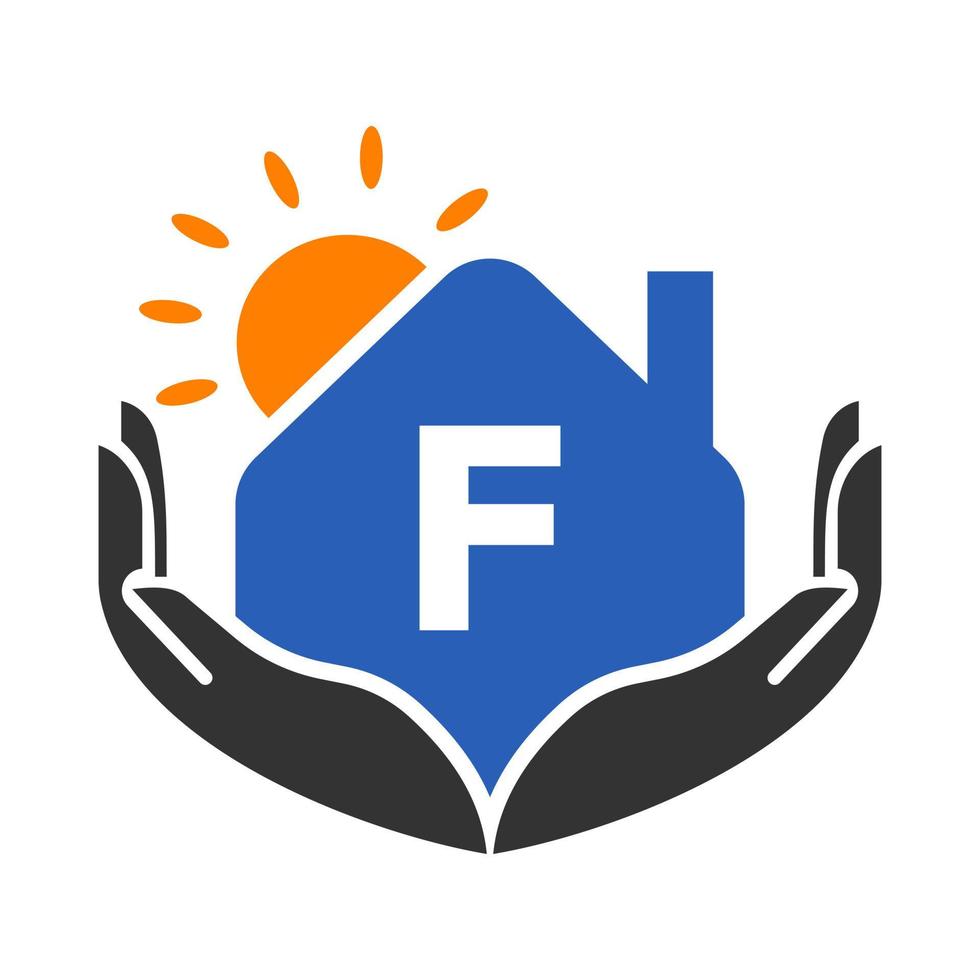 brief f echt landgoed logo concept met zon, huis en hand- sjabloon. veilig huis logo element vector