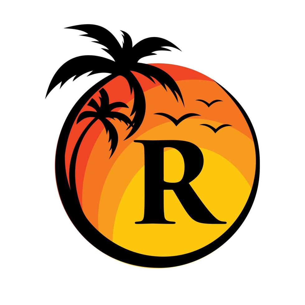 strand logo Aan brief r vector teken. zomer vakantie Aan tropisch strand logotype
